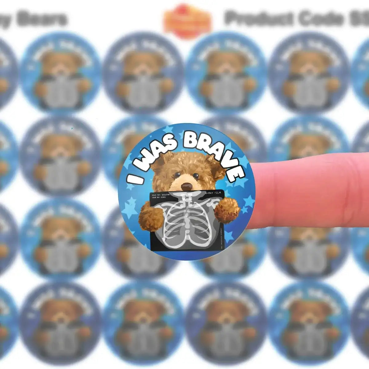 Brave reward sticker with bear holding x-ray, classroom motivation sticker on fingertip