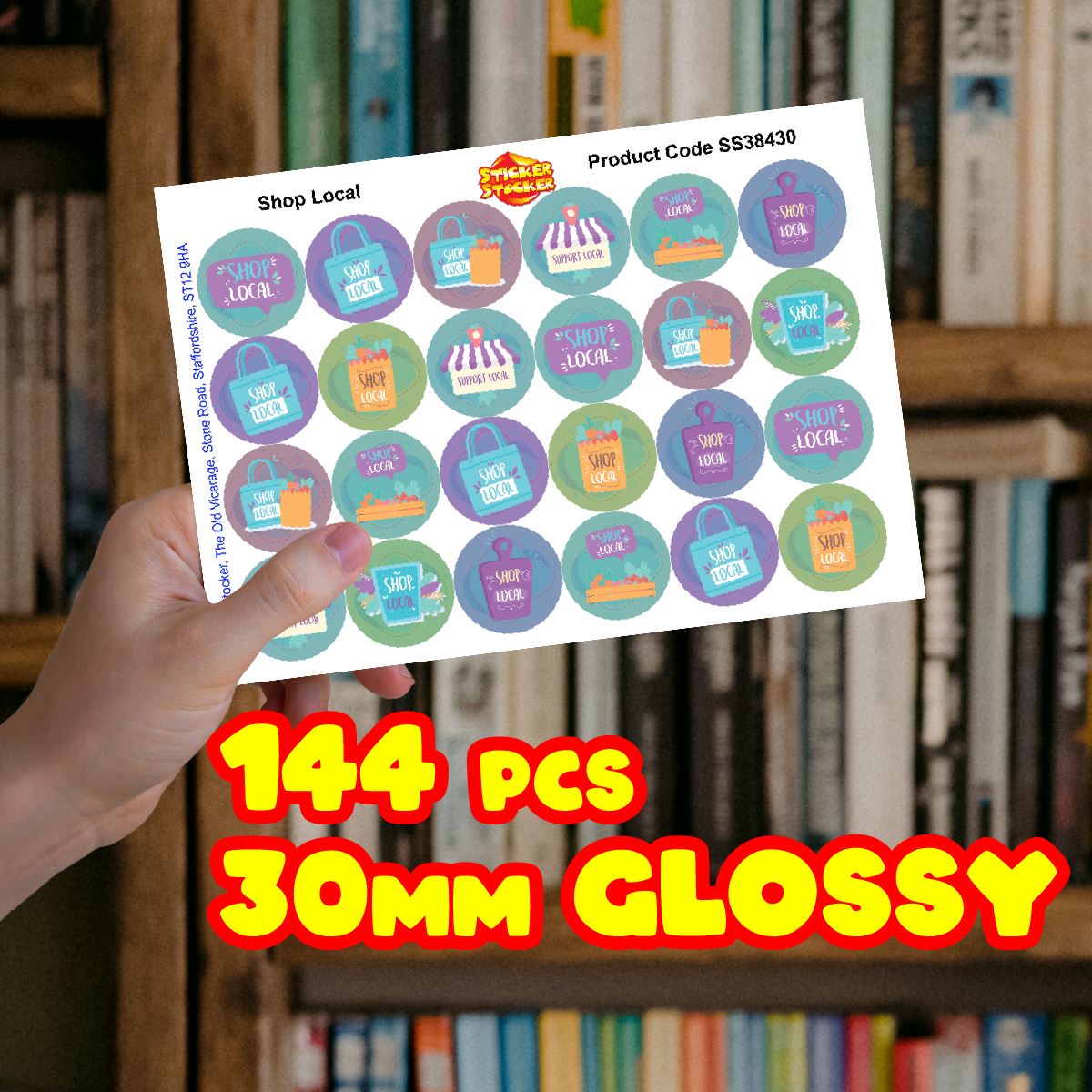 144 Shop Local 30mm Themed Glossy Labels ideal for product packaging