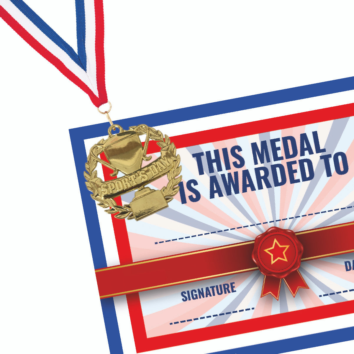 Sticker Stocker - Sports Day Medal with FREE Ribbon 50mm Iron (Laurel Trophy Themed) Gold, silver or bronze