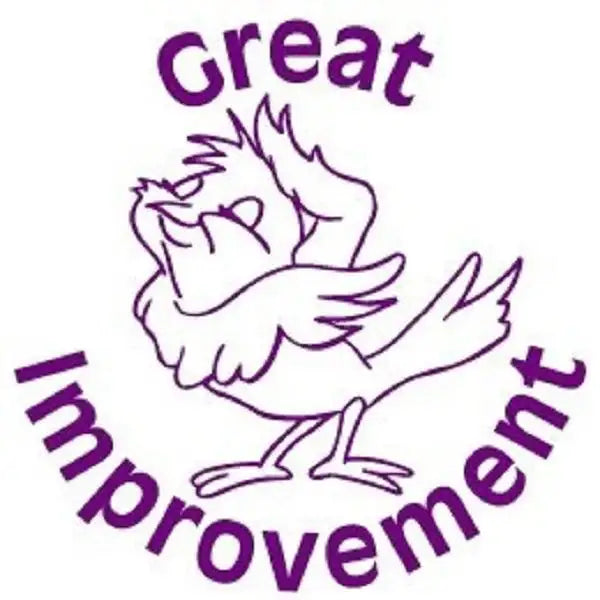 Purple reward sticker with cartoon bird and 'Great Improvement' text for classroom use