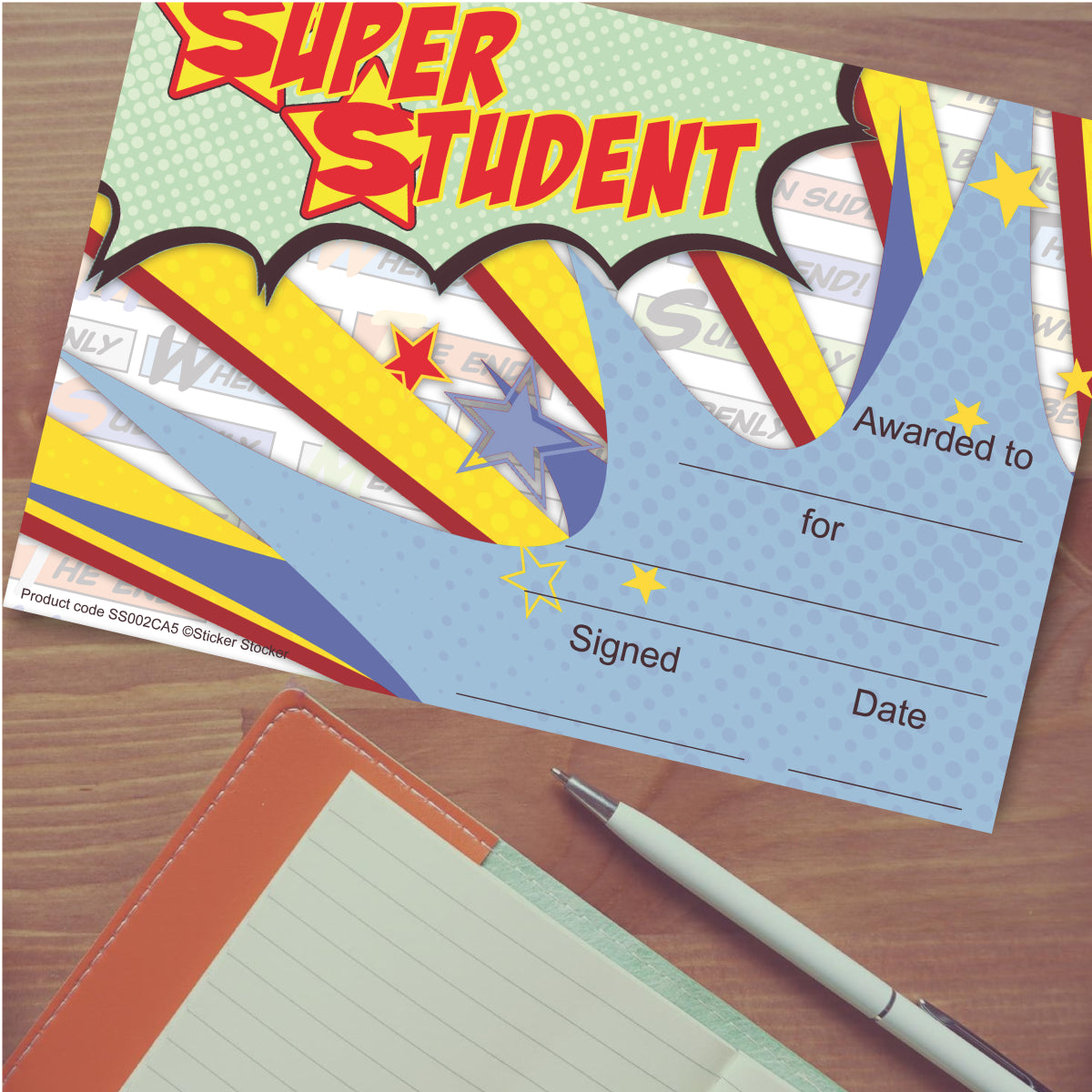 30 Super Student Superhero themed award certificates for school teachers, 250gsm A5 silk finish card