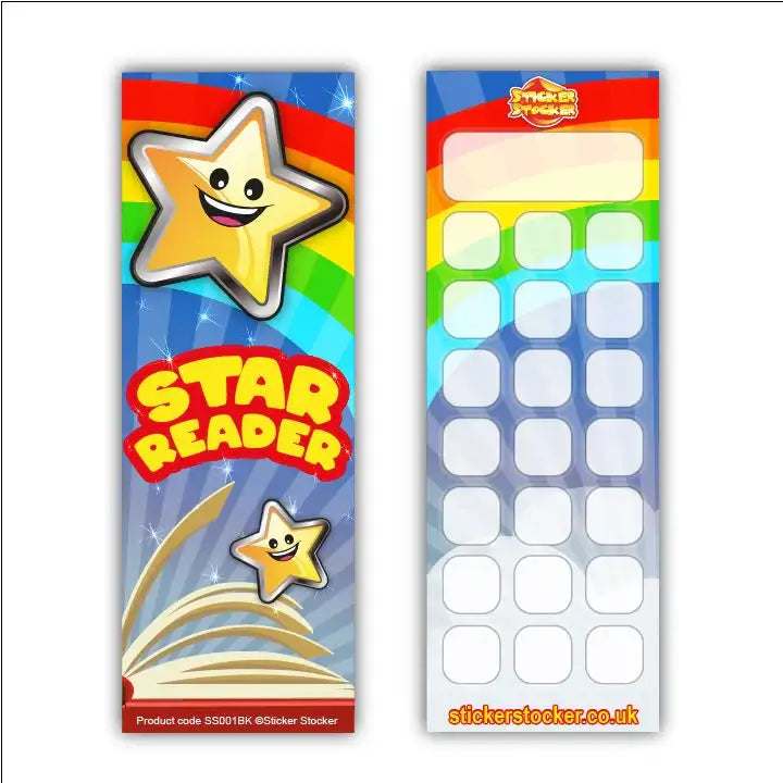 Star Reader reward chart bookmark with smiling star, rainbow background, and sticker spaces.