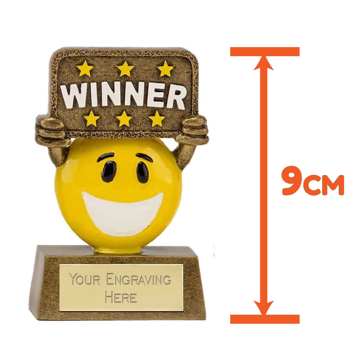 Sticker Stocker - Mini Winner Smiling Happy Face Award Trophy 9cm Resin FREE engraving and Certificate