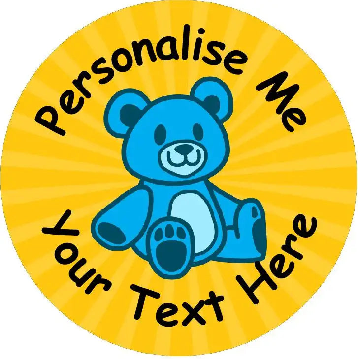 Customizable reward sticker with blue teddy bear on yellow background, add your own text.