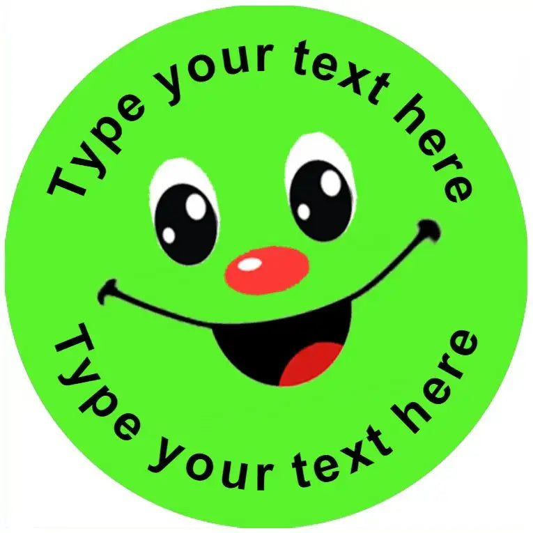 Customizable green reward sticker with smiling face and editable text for teachers or students