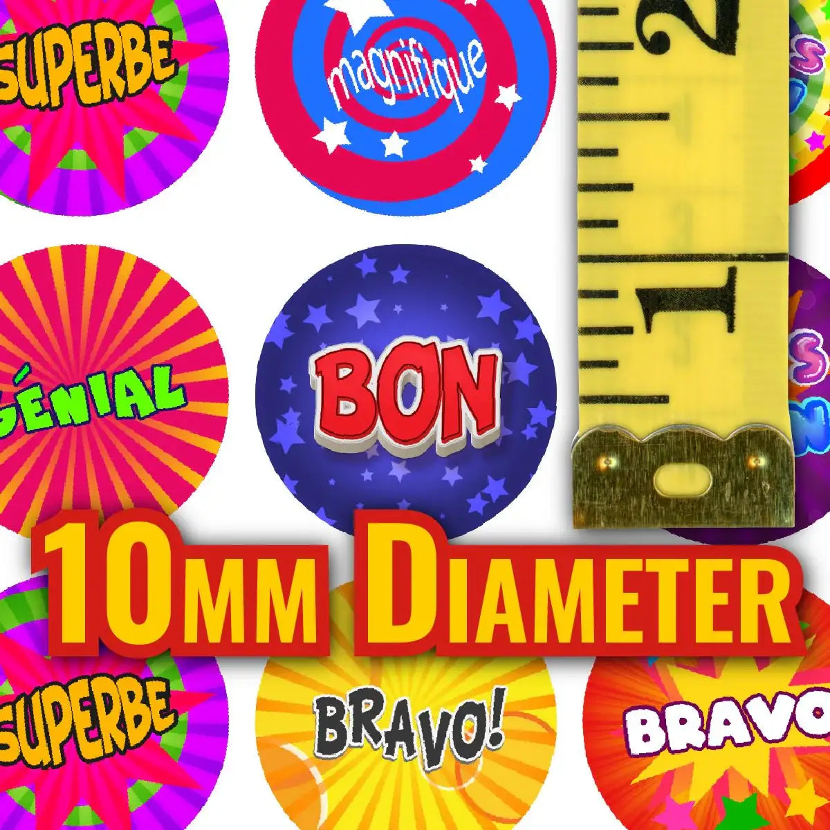 Colorful reward stickers with French praise words, ruler showing 10mm diameter size
