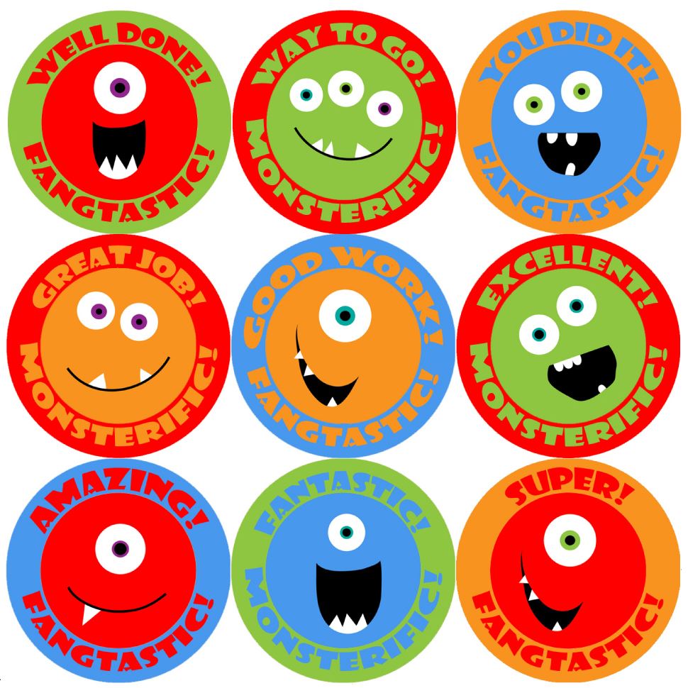 144 Monster Smiles Praise Words 30mm Children's Reward Stickers for Teachers or Parents