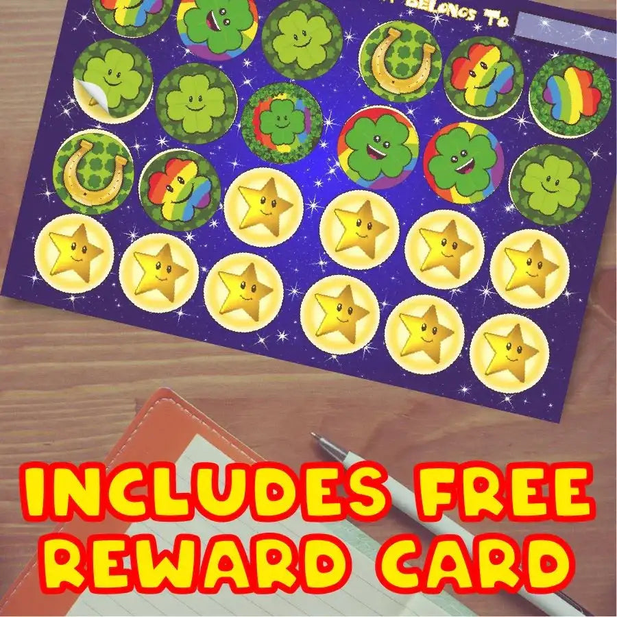 Reward sticker sheet with gold stars, clovers, and rainbow designs on a desk, text: Includes free reward card.