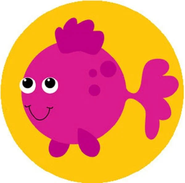 Cute pink cartoon fish reward sticker on a yellow circle background, classroom motivation