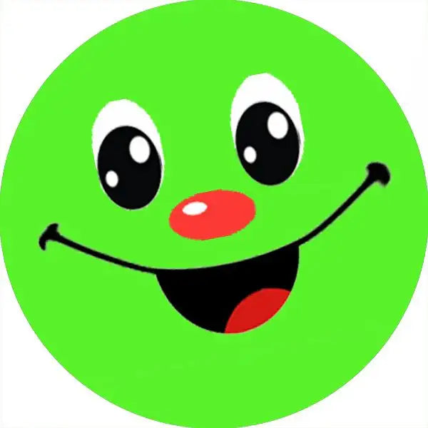 Bright green smiley face reward sticker with big eyes and red nose
