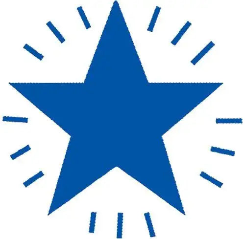 Blue star reward sticker with dotted rays on white background, classroom motivation