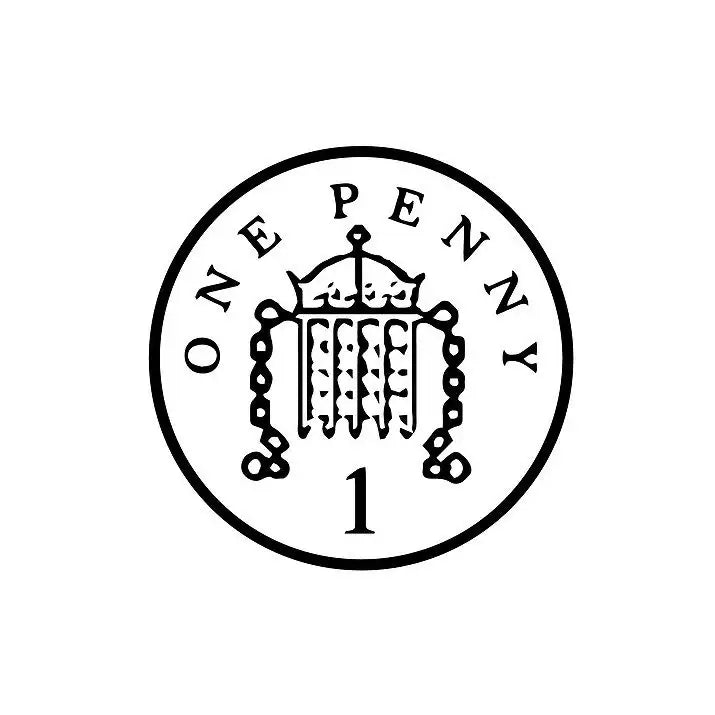 Black and white sticker design of a British one penny coin with gate motif and number 1