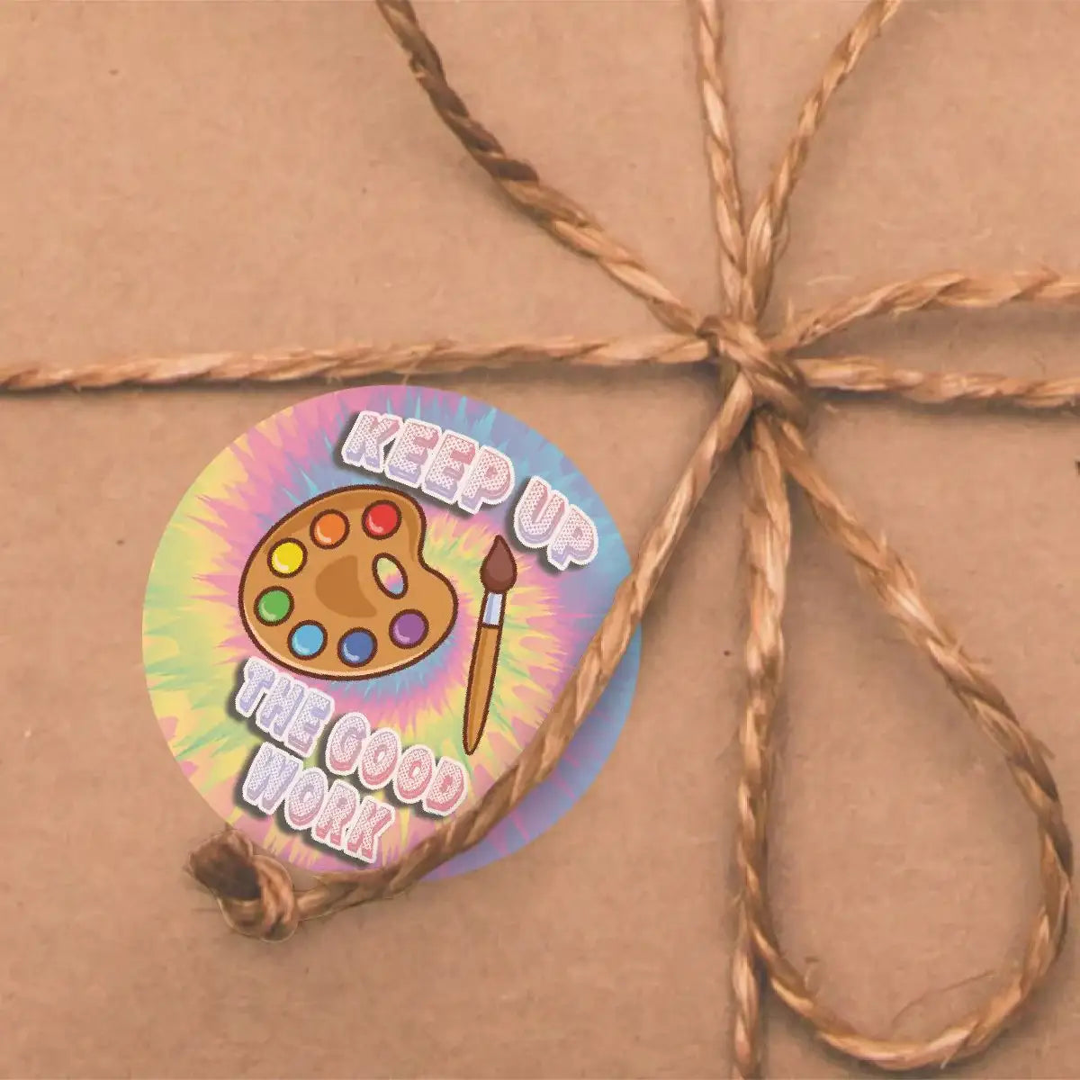 Reward sticker with a paint palette, brush, and 'Keep Up The Good Work' text on tie-dye background.