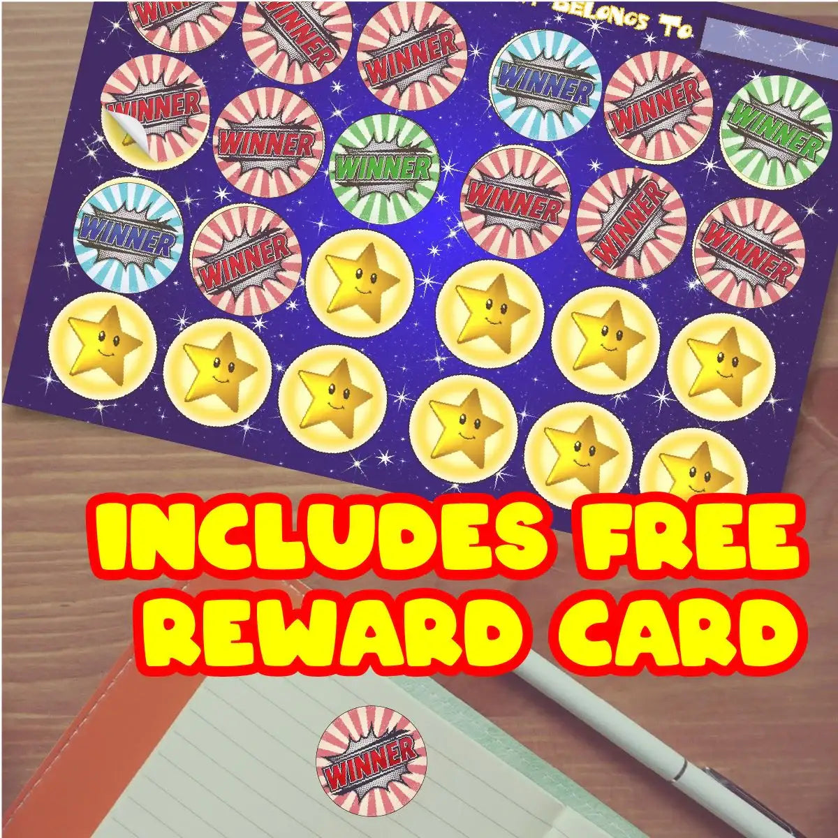 Colorful winner and star reward stickers sheet with free reward card, classroom motivation product