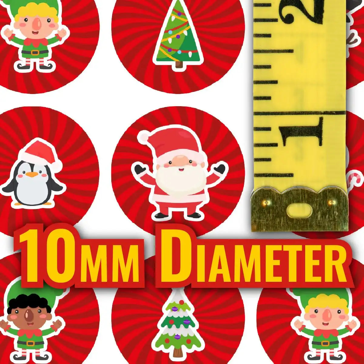 Christmas reward stickers featuring Santa, elves, penguin, tree, 10mm diameter, tape measure