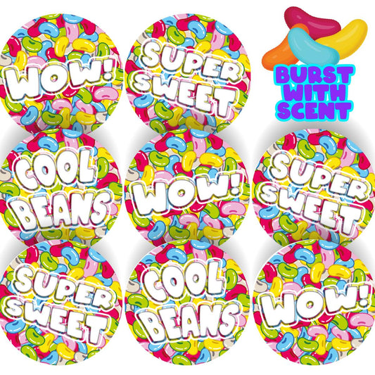 120 Jellybean Praise Words 30mm Scented Reward Stickers for Teachers, Parents and Party Bags