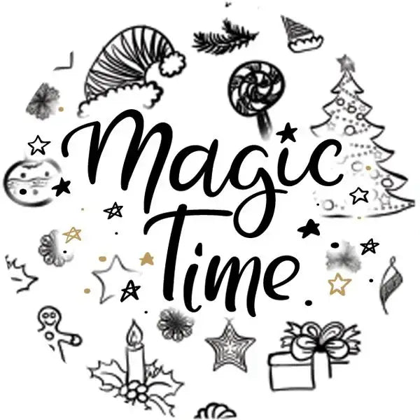 Magic Time festive sticker with holiday icons like Christmas tree, gifts, stars, and candies