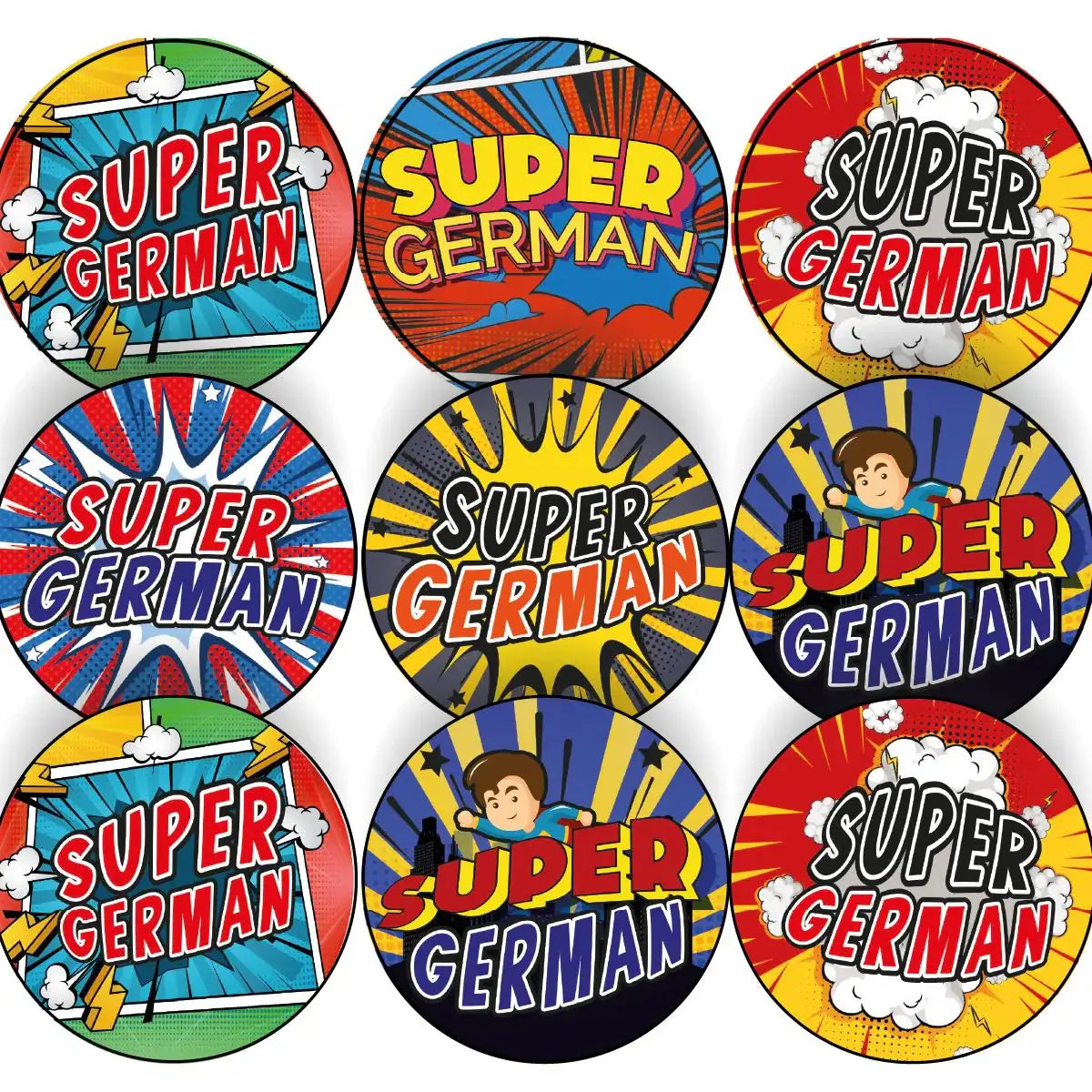 Super German reward stickers with colorful comic style designs for classroom motivation.