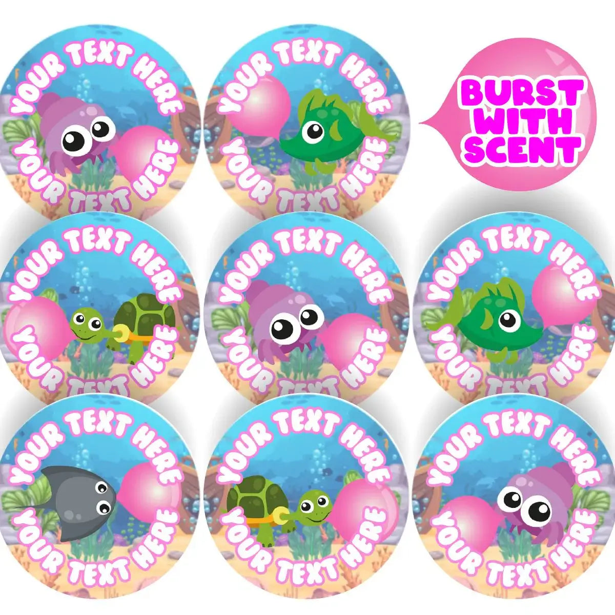 Underwater themed scented stickers with cute sea animals and 'Your Text Here' label.