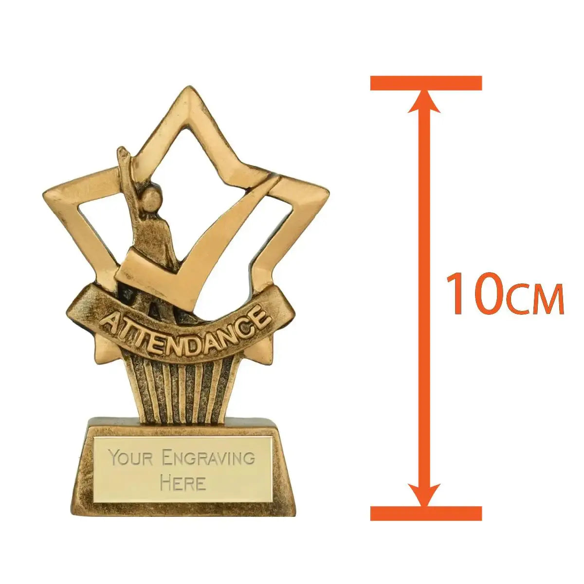 Gold attendance trophy for students, star design, 10 cm tall, customizable engraving