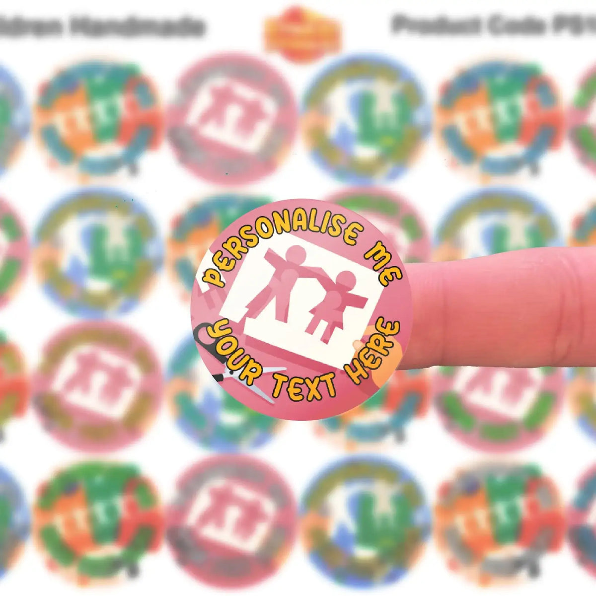 Personalised reward sticker for teachers on a finger, customizable text, classroom design