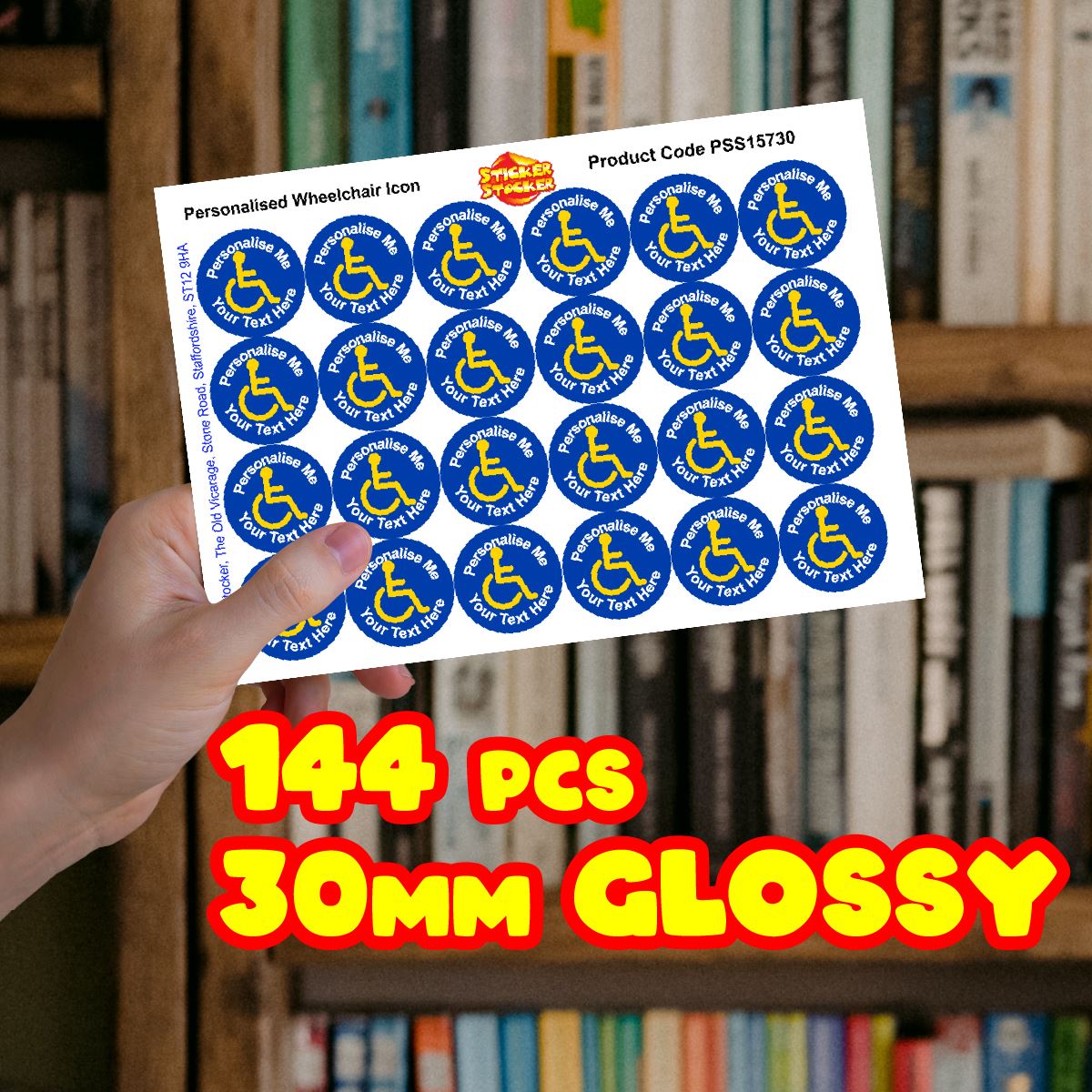 144 Disability Wheelchair Logo Personalised 30mm Stickers for disabled, craft, company packaging