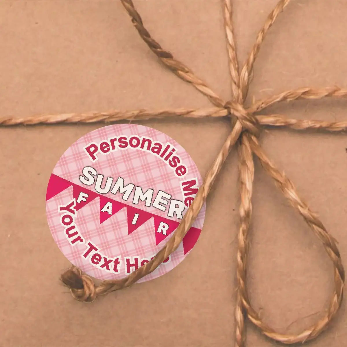 Personalised summer fair reward sticker on brown kraft gift wrap with twine bow