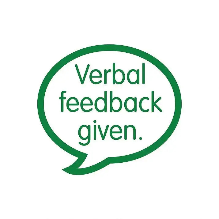 Green speech bubble sticker with text 'Verbal feedback given' for teachers