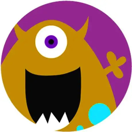 Cartoon monster reward sticker with one eye, purple background, and blue spots for classrooms