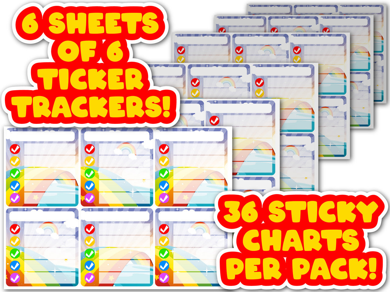 Sticker Stocker - 36 Ticker Trackers - Sticky Reward Charts - Rainbow Comic Themed