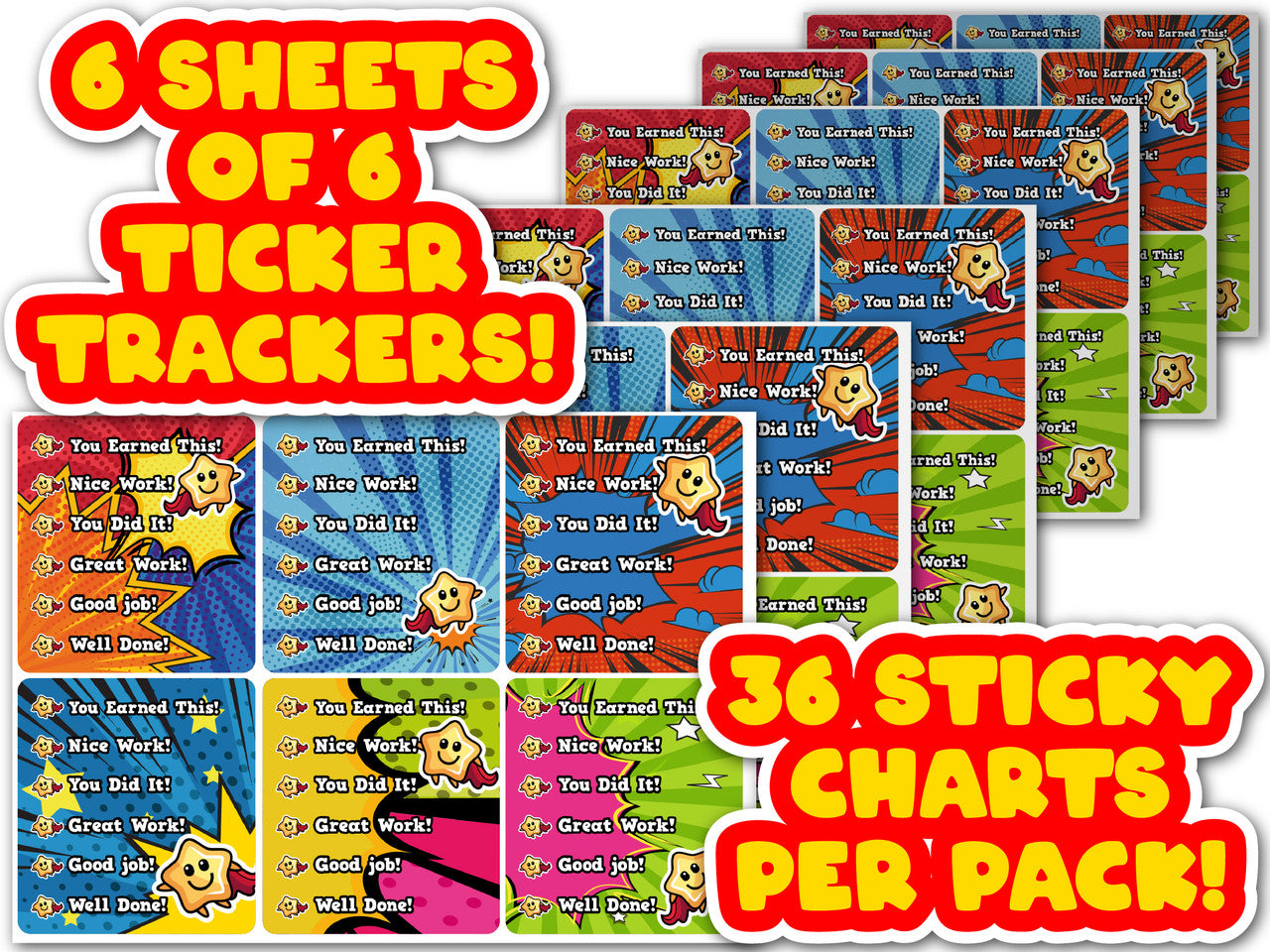 Sticker Stocker - 36 Ticker Trackers - Sticky Reward Charts - Superhero Comic Themed