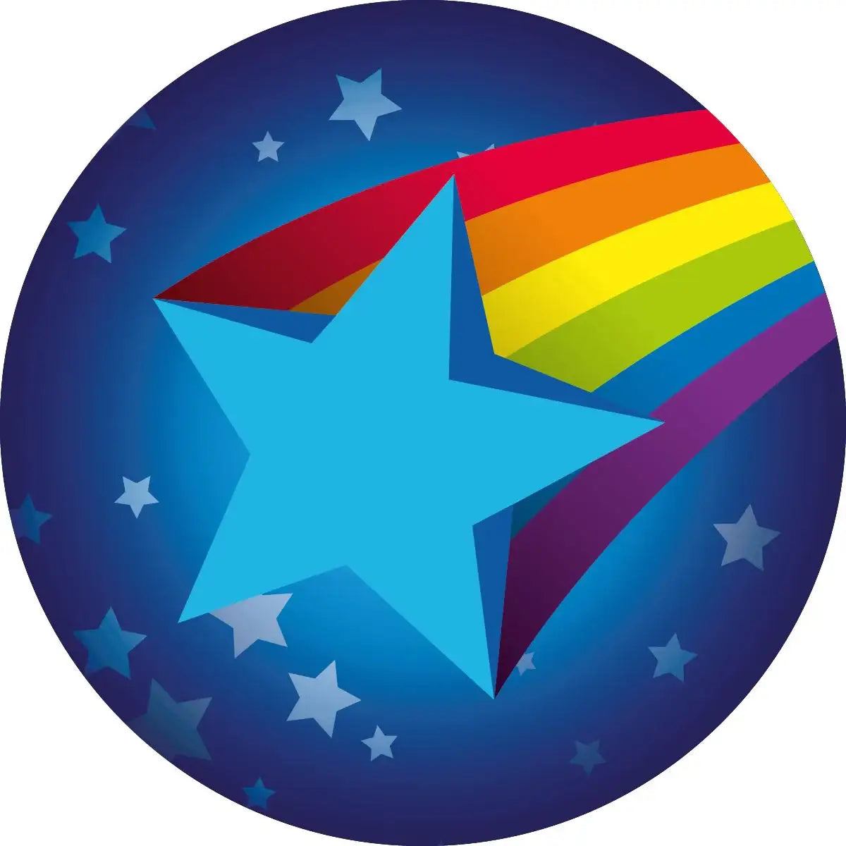 Blue shooting star with rainbow trail on a dark blue background with stars, reward sticker