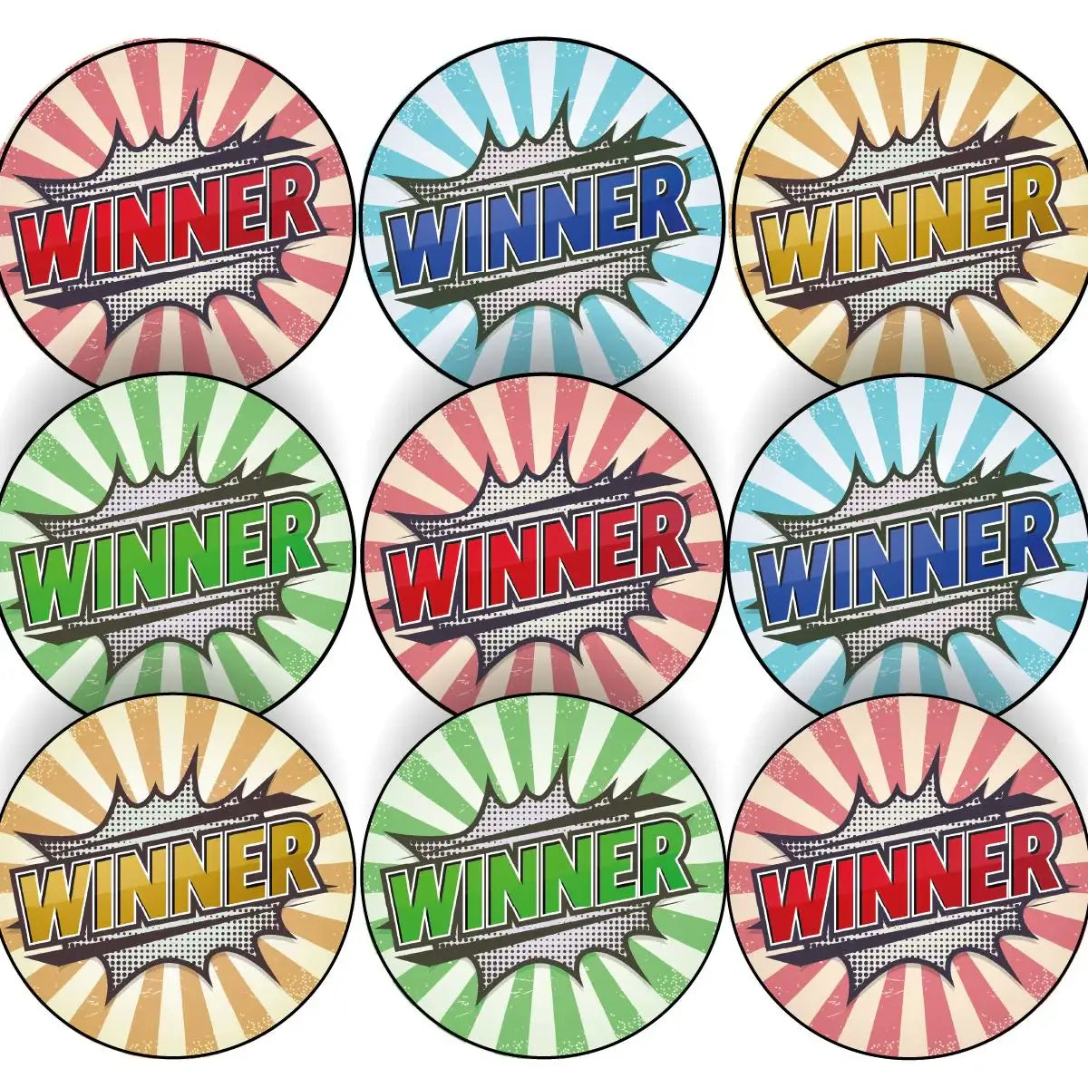 Colorful reward stickers with comic style 'WINNER' text for classroom motivation