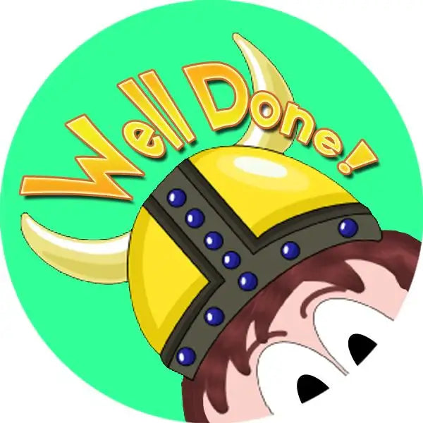 Well Done sticker with cartoon Viking helmet, colorful reward for students and teachers