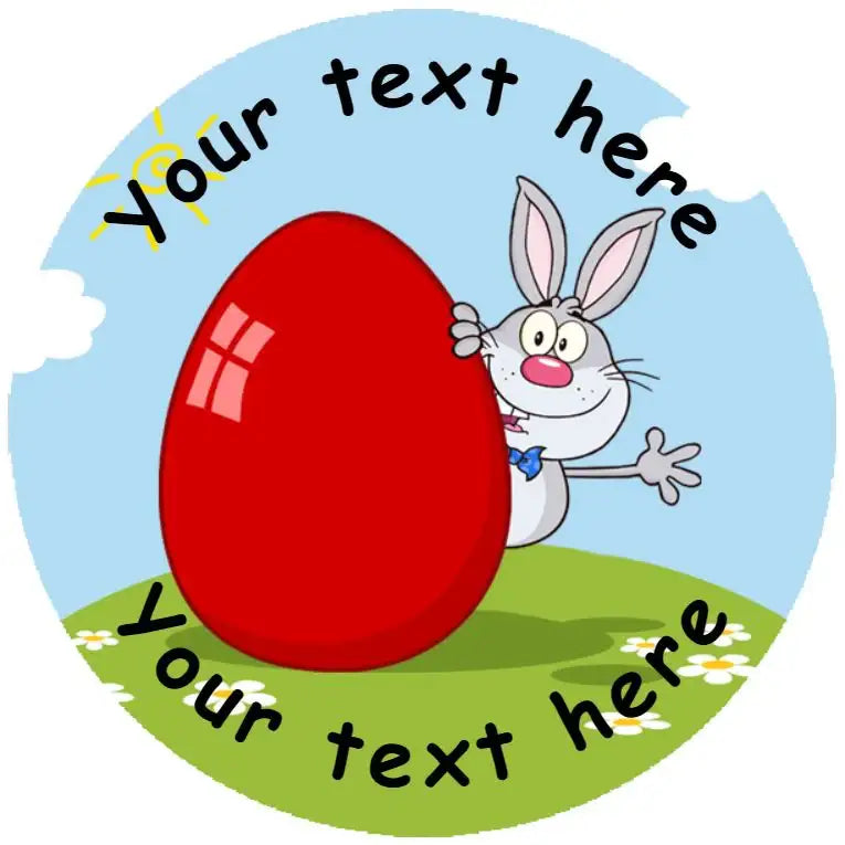 Cartoon bunny with bow tie behind large red egg in sunny field, customizable text, sticker design