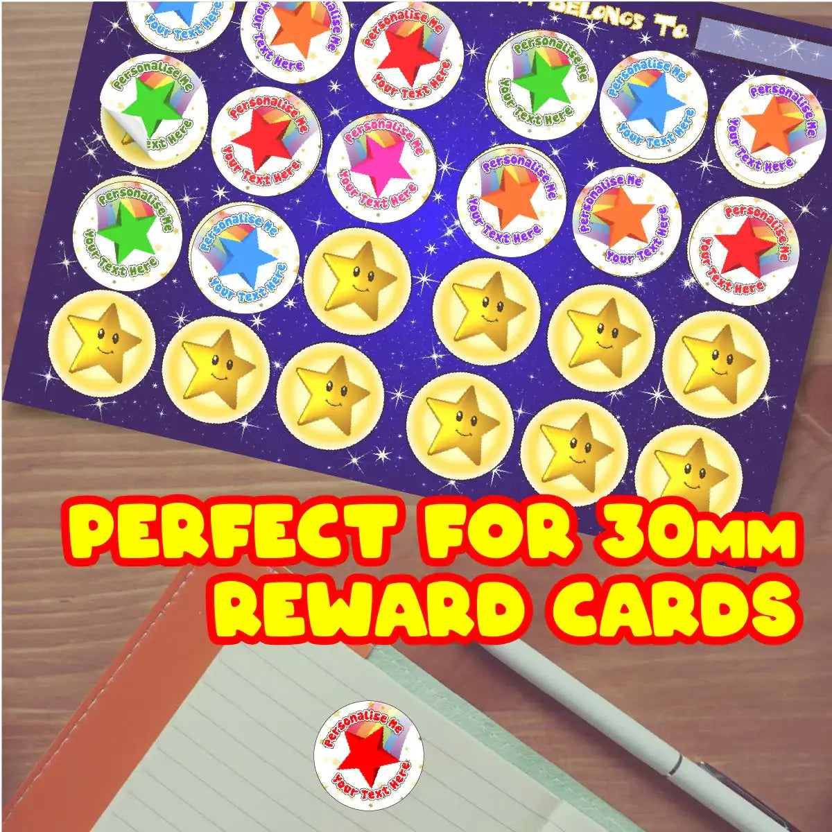 Colorful star reward stickers sheet for teachers, ideal for 30mm classroom reward cards.