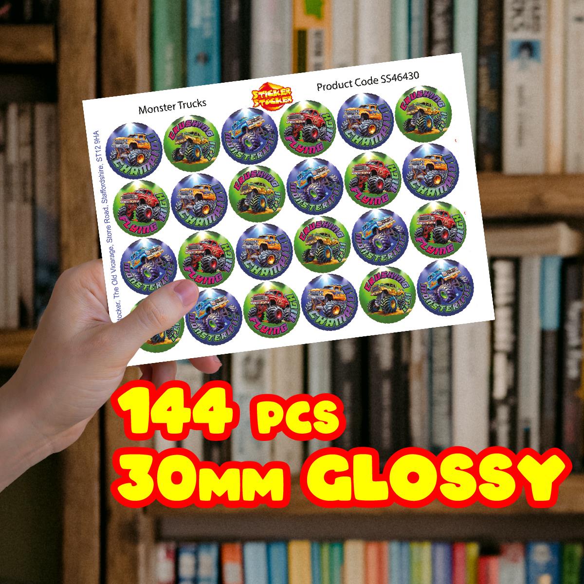 144 Monster Truck Children's Reward Stickers - 30mm - Teacher Parents School