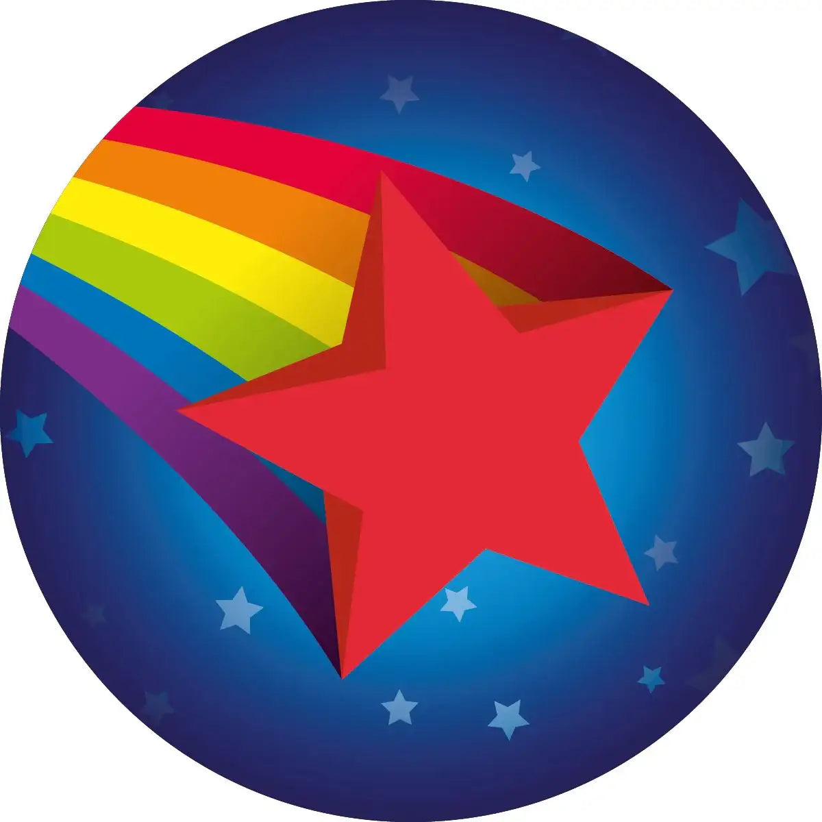 Rainbow shooting star sticker with red star and blue background, ideal for classroom rewards.