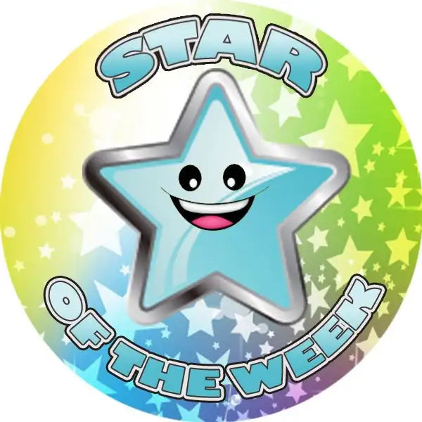 Star of the Week reward sticker with smiling blue star on colorful background