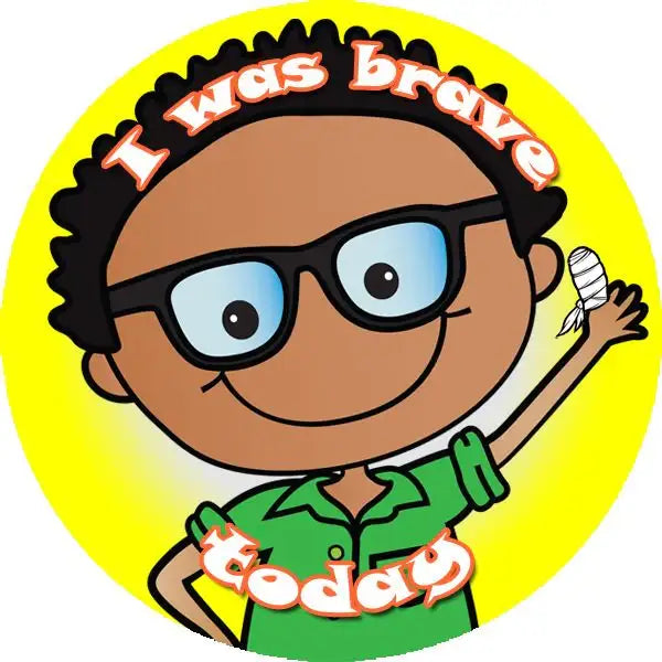 Reward sticker with smiling child in glasses and bandaged finger, text says 'I was brave today'.