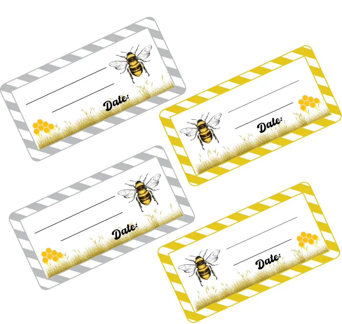 Bee-themed classroom reward stickers with date lines and honeycomb border design