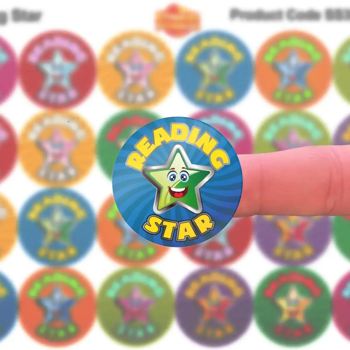 Colorful 'Reading Star' reward sticker with smiling star on a child's finger, classroom incentive