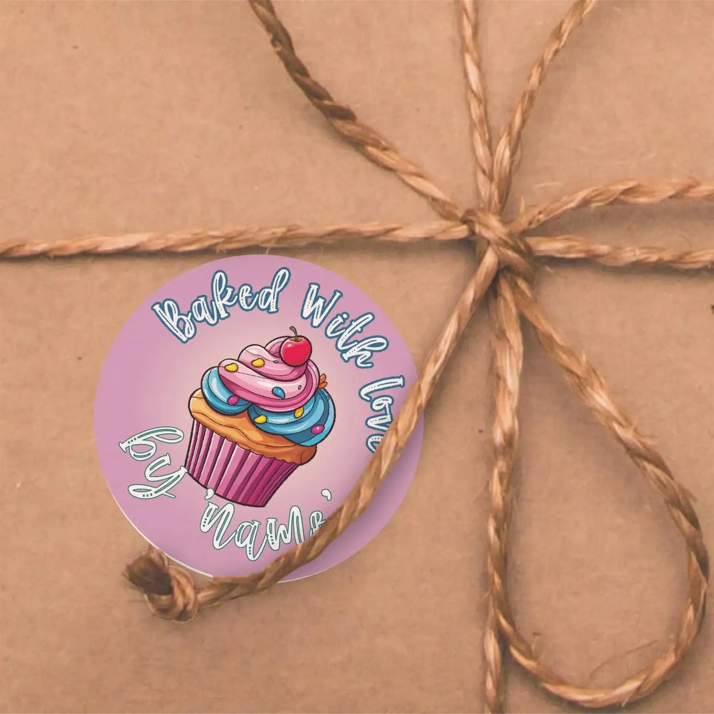 Cupcake reward sticker on kraft gift box with twine bow, colorful classroom sticker