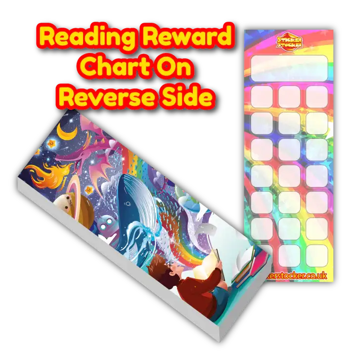 Colorful reading reward chart with fantasy illustration of child reading and rainbow-themed boxes