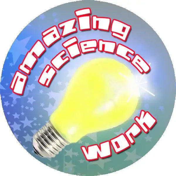 Amazing science work sticker with yellow light bulb and starry blue background