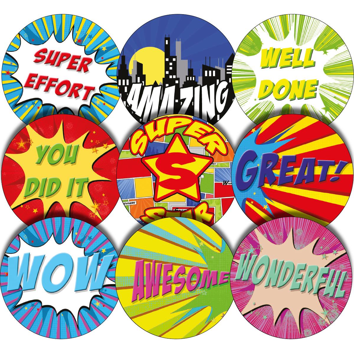 144 Superhero Comic Praise Words 30mm Reward Stickers for Teachers, Parents and Party Bags