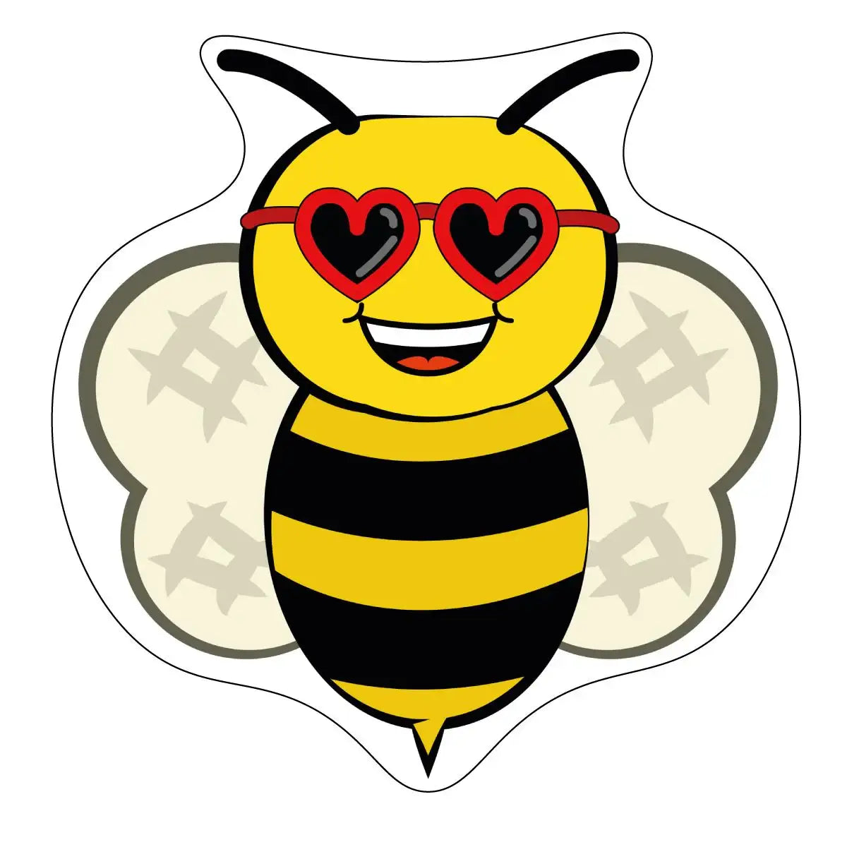 Cute bee sticker with heart-shaped red glasses, perfect for classroom rewards or teacher use
