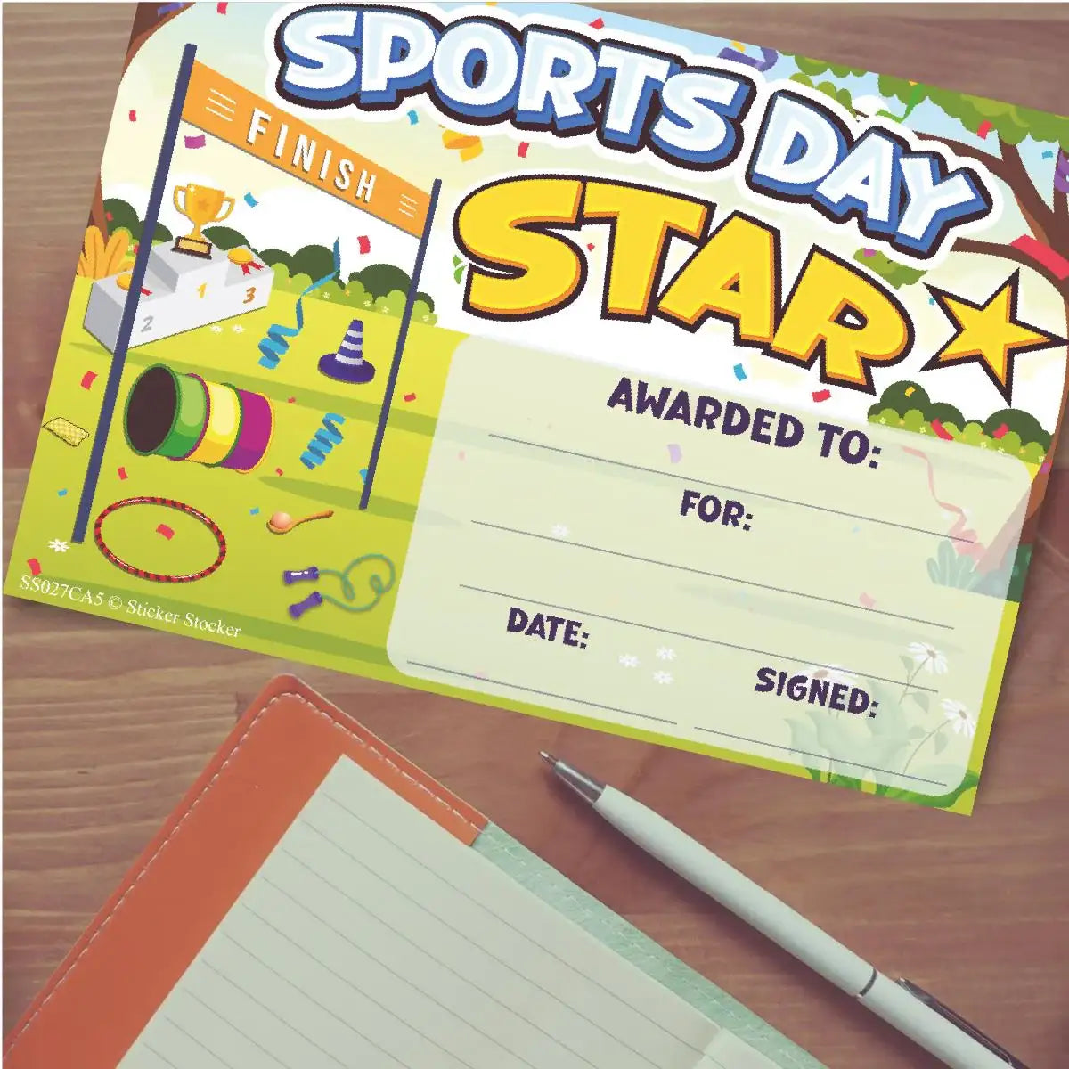 Sports Day Star award certificate with finish line, trophies, and colorful sports equipment, ideal for classroom rewards.