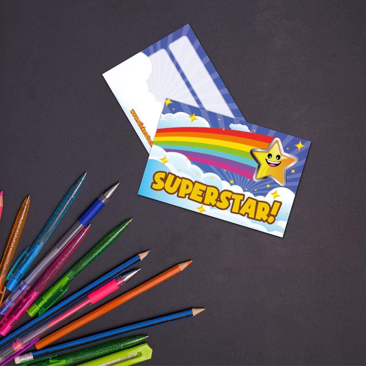 30 Superstar award cards for school teachers, wallet sized glossy reward cards
