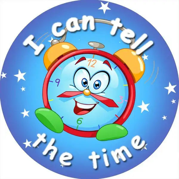 Reward sticker with cartoon clock, stars, and text 'I can tell the time' for classroom use